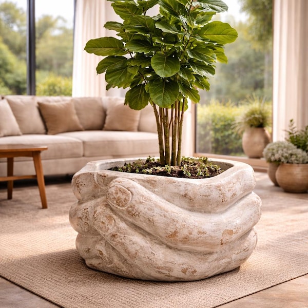 Large Planter 19.7x15.7 Inches – Intertwined Hands Planter, Large Pot for Indoor Tree, Sculptural Plant Pot, Large Pot for Monstera