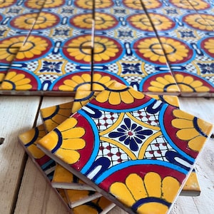 100 pieces of Mexican talavera tiles, authentic hand painted tiles, 4x4 talavera, yellow and red sunflower design on blue background