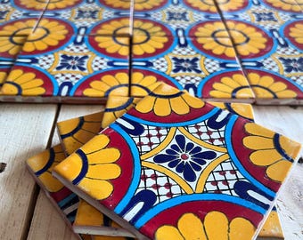 100 pieces of Mexican Talavera tiles, authentic hand-painted tiles, Talavera 4x4, yellow and red sunflower design on a blue background