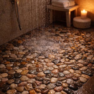 Puede incluir: Un suelo de ducha hecho de piedras de río lisas y pulidas en tonos marrones, grises y beiges. El agua cae de una alcachofa cromada. Una pequeña mesa de madera sostiene toallas y velas, creando un ambiente de spa.