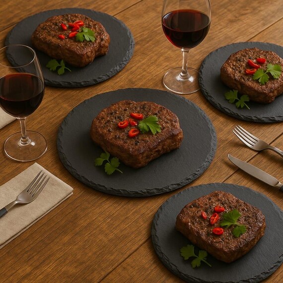 Luxuriöses Schiefer-Essteller-Set mit 6 runden Servierplatten aus Naturstein, 30,5 cm, handgefertigtes Geschirr aus schwarzem Schiefer für Gourmet-Steak, Käse
