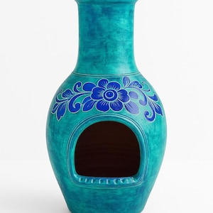 手描きターコイズセラミックチミネア – 17インチ x 12インチ メキシカンアウトドア暖炉 | 高級パティオ＆室内装飾