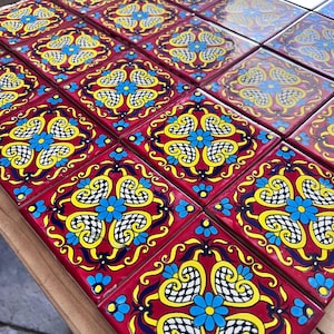 50 pieces of Mexican talavera tiles, authentic hand painted talavera tiles, 4x4, blue yellow and red heart flower design