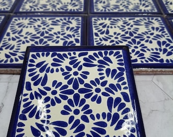 50 pieces of Mexican Talavera tile, authentic hand-painted Talavera tiles, 4x4, blue flower design with breeze on a white background