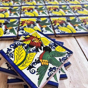 50 pieces of Mexican talavera tiles, authentic hand painted talavera tiles, 4x4, hummingbird design on multicolor relief flower