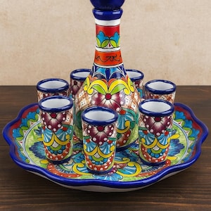 Talavera Tequila Dekanter Set mit Tablett und 6 Schnapsgläsern – Handbemaltes mexikanisches Keramikgeschenk für Papa, Bardekor, Einweihungsparty
