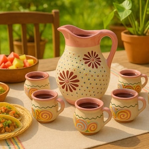 Mexican Ceramic Pitcher Set with 6 Matching Mugs – Hand Painted Pottery Floral Jug for Agua Fresca, Horchata or Decor – Talavera Style Made