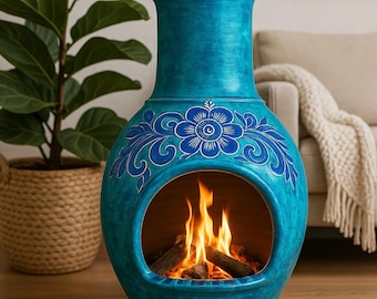Blue Mexican Clay Chiminea – Hand-Painted Fireplace for Garden or Indoor Use – Boho Decor, Balcony Fire Pot, Terracotta Heater
