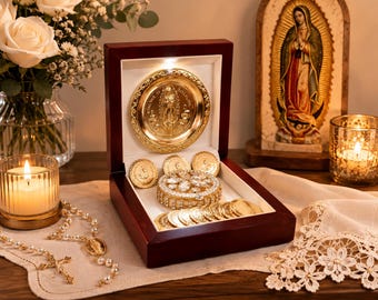 Virgin of Guadalupe Wedding Arras Set – 13 Gold-Plated Coins, Handmade Mahogany Wood Box, Mexican Catholic Wedding Gift