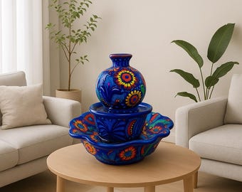 Tischbrunnen, 33 cm, handbemalt aus Keramik im Huichol-Stil, authentischer mexikanischer Tischbrunnen, farbenfrohe Boho-Dekoration, Geschenkidee