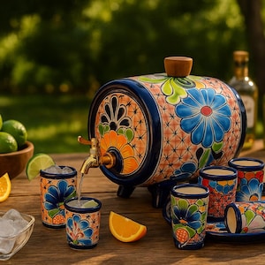 Puede incluir: Un dispensador de bebidas de cerámica con forma de barril, con vasos de chupito a juego y una bandeja. El barril y los vasos presentan un diseño floral en azul, naranja y verde. También hay limas, naranjas y hielo.