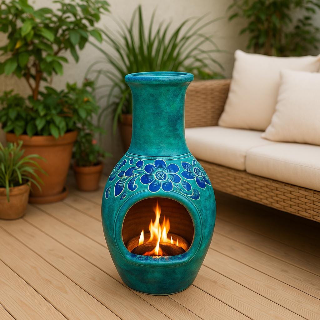 Hand-painted Turquoise Ceramic Chiminea – 17” X 12” Mexican