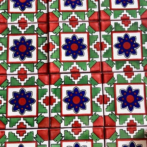 50 pieces of Mexican talavera tiles, authentic hand painted talavera tiles, 4x4, blue flower design 8 petals green background-bronze