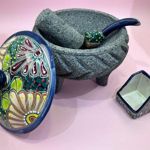 Mexican Molcajete 8” – Volcanic Stone Mortar & Pestle with green Talavera Lid – Handmade Kitchen Gift
