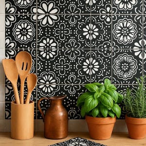 50 Stück mexikanische Talavera-Fliesen, authentische handbemalte Fliesen, 4x4 Talavera, weiße Blume, schwarzer Hintergrund