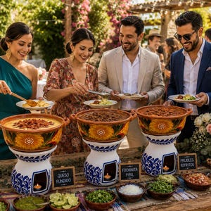 May include: A festive outdoor buffet with three large, decorative serving dishes filled with food. Each dish sits atop a white and blue stand, with small chalkboards labeling the dishes. People are gathered around, serving themselves.