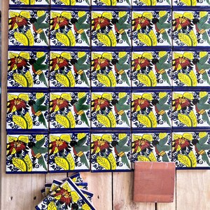 100 pieces of Mexican talavera tiles, authentic hand painted talavera tiles, 4x4, hummingbird design on multicolor relief flower