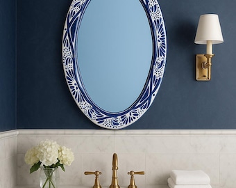 Talavera Oval Mirror Blue and White – Mexican Ceramic Wall Decor, Hand-Painted Bathroom Vanity Mirror, Rustic Folk Art