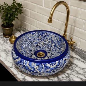 Lavandino Talavera dipinto a mano realizzato in Messico. Lavandino da bagno Talavera fatto a mano - Lavandino in ceramica messicana da 15" - Lavandino da bagno Boho