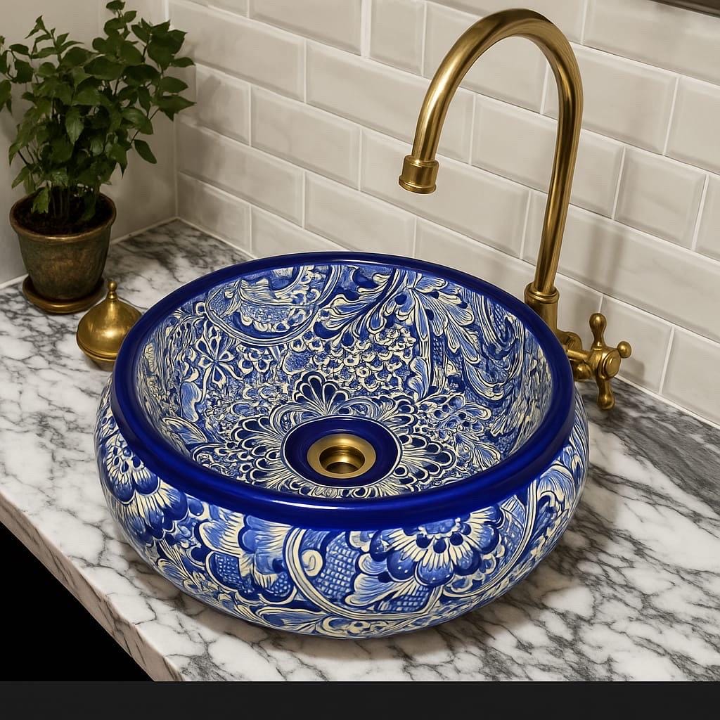 Handbemaltes Talavera Waschbecken Aus Mexiko – 43,2 X 35,6 Cm, 12,7 Cm Tief, Mit 3 Überlauf- Und Standardablaufloch
