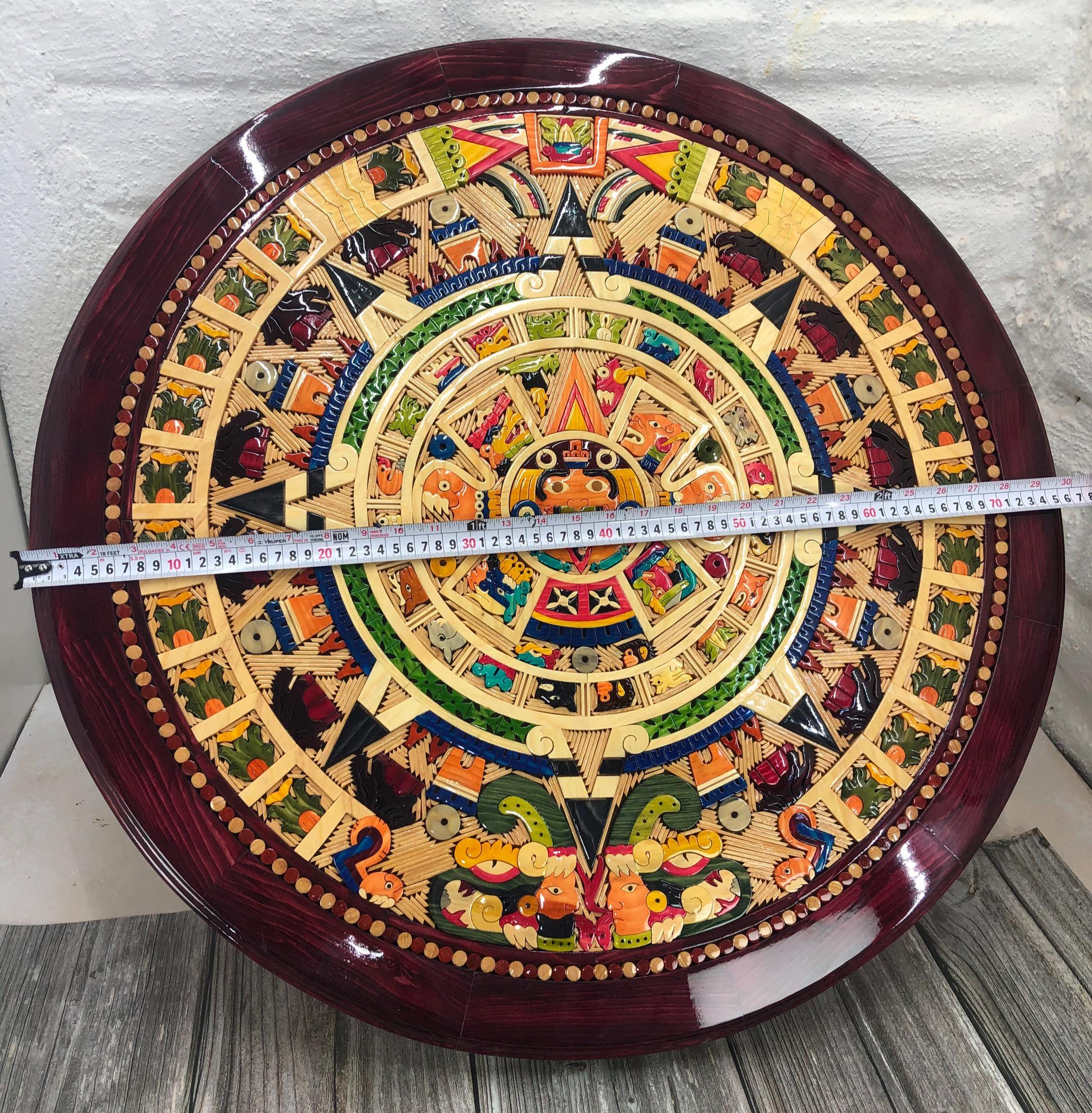30 Inch Aztec Calendar Wall Art – Hand Carved Wooden Mayan Sun Stone ...