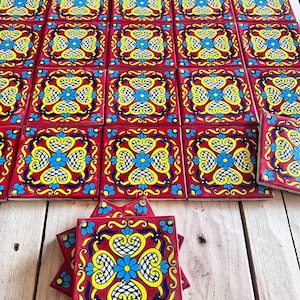 100 pieces of Mexican talavera tiles, authentic hand painted talavera tiles, 4x4, blue yellow and red heart flower design