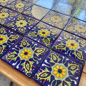 50 pieces of Mexican talavera tiles, authentic hand painted tiles, 4x4 talavera, yellow lily design, blue and multicolor background