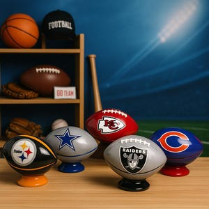 Puede incluir: Una colección de objetos decorativos con forma de balón de fútbol americano, con logotipos de equipos como Steelers, Cowboys, Chiefs, Raiders y Bears. También se ven una pelota de baloncesto, una de béisbol y un bate. Los objetos están sobre una superficie de madera.