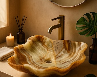 Luxury Natural Onyx Vessel Sink - 50 cm Wide Handmade Stone Bathroom Basin / Premium Onyx Marble Vanity Sink