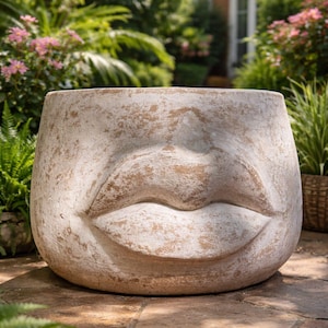 May include: A large, round, beige planter with a sculpted face featuring prominent lips. The outdoor pot has a distressed finish, adding a rustic charm. Ideal for gardens and patios, it is a decorative piece for plants.