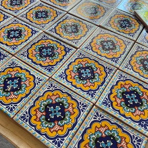 50 pieces of Mexican talavera tiles, authentic hand painted talavera tiles, 4x4, yellow rosary design, multicolor background