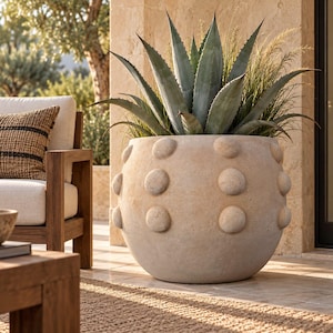 May include: A large, round, beige planter with a textured surface featuring raised, circular, dot-like protrusions arranged in a grid pattern. The planter contains a large, spiky, green agave plant with long, pointed leaves and tall, thin grass.