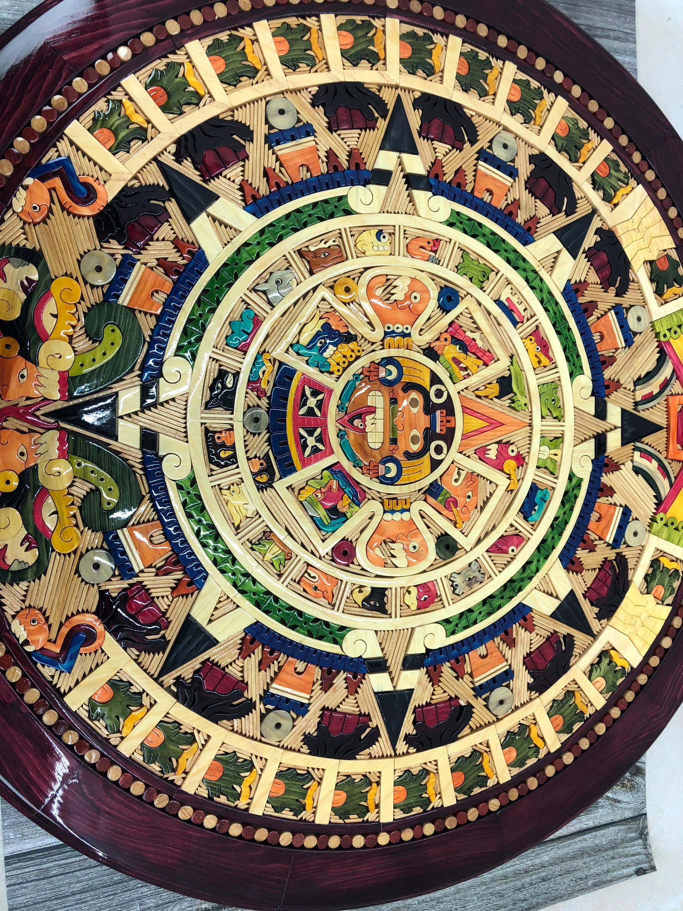 30 Inch Aztec Calendar Wall Art – Hand Carved Wooden Mayan Sun Stone ...