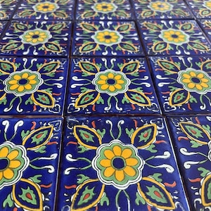 100 pieces of Mexican talavera tiles, authentic hand painted tiles, 4x4 talavera, yellow lily design, blue and multi-color background