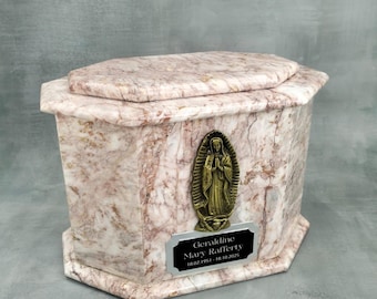 Handcrafted Marble Cremation Urn 9x7 in – Personalized Bronze Virgin of Guadalupe Plaque – Elegant Memorial Box for Ashes