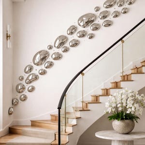 Luxury Silver Pebble Mirror Wall Art Set – 15 Chrome Organic 3D Metal Sculptures for Modern Living Room & Staircase Decor