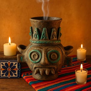Op de afbeelding: Een gedetailleerde afbeelding van een bruine, gestileerde keramische wierookbrander met een gezichtsontwerp, die rook afgeeft. De brander is versierd met turquoise accenten en staat op een houten tafel met kaarsen en een kleurrijk textiel. Spiritueel of decoratief thema.