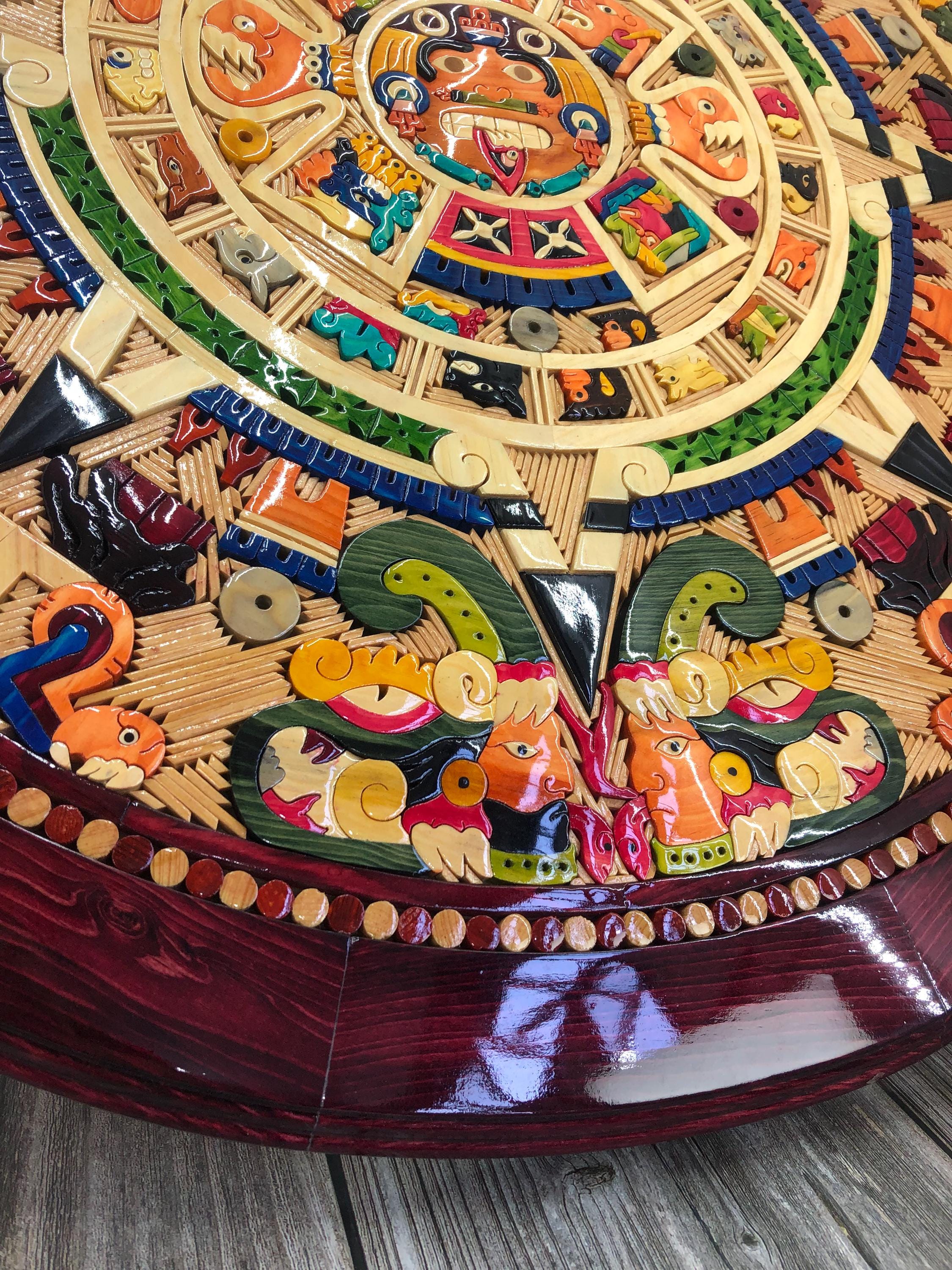 30 Inch Aztec Calendar Wall Art – Hand Carved Wooden Mayan Sun Stone ...