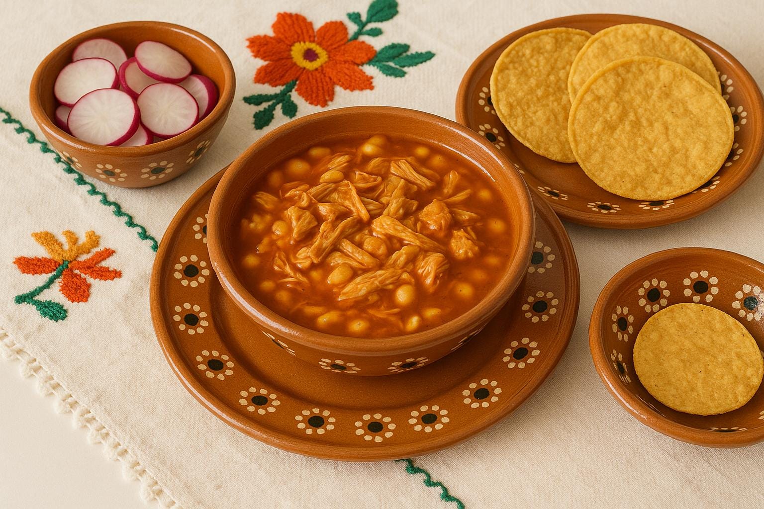 Mexican Clay Dinnerware Set – 4 Handmade Pozole Bowls With Plates