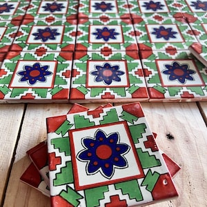 100 pieces of Mexican talavera tiles, authentic hand painted talavera tiles, 4x4, blue flower design 8 petals green background-bronze