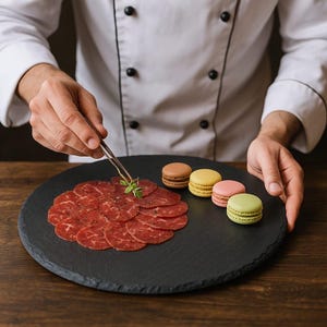 Puede incluir: Un chef con una chaqueta blanca adorna un plato de carne en rodajas con pinzas. El plato negro también contiene macarons de colores. La comida está dispuesta sobre una superficie de madera oscura.