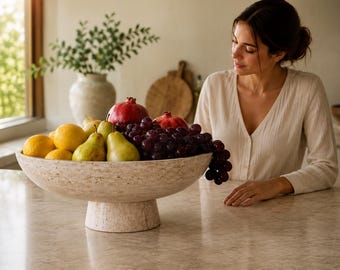 19.7" Large Travertine Fruit Bowl | Luxury Kitchen Island Centerpiece | Handmade Natural Stone Decorative Bowl | Organic Modern Home Decor |