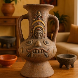 Puede incluir: Un jarrón de cerámica marrón con un diseño de rostro estilizado, con ojos grandes, bigote y tocado. El jarrón tiene dos asas y se exhibe sobre una mesa de madera. También se ven otros cuencos decorativos.