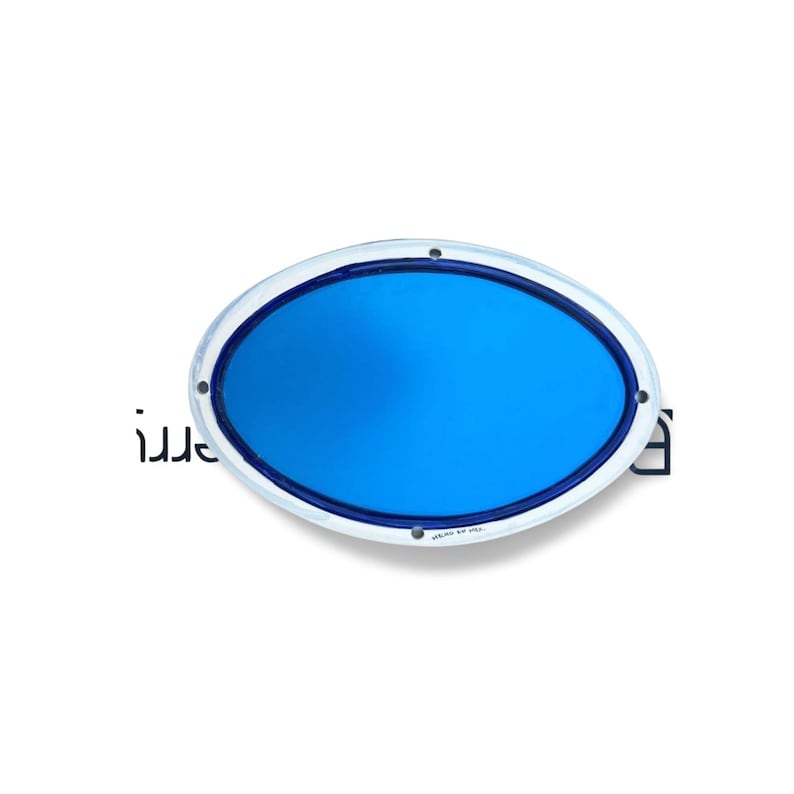 May include: An oval-shaped, blue-tinted lens with a white and silver frame. The lens is surrounded by a thin, silver border and has a bright blue center. The image is set against a white background.