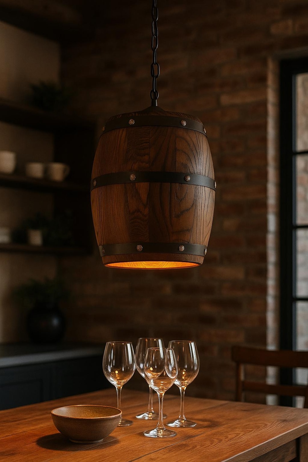 Rustic Barrel Pendant Light – Handcrafted Wood & Iron, Farmhouse Cabin ...