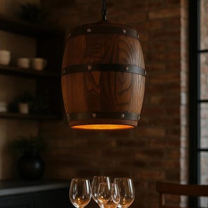 Rustic Barrel Pendant Light – Handcrafted Wood & Iron, Farmhouse Cabin Kitchen Island Lighting, Whiskey Wine Bar Decor