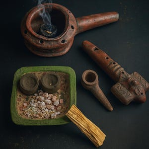 Handmade Clay Incense Burner | Pre-Hispanic Style Copal Burner | Ancestral Ritual Set with Copal and Palo Santo, copalera flauta nativa