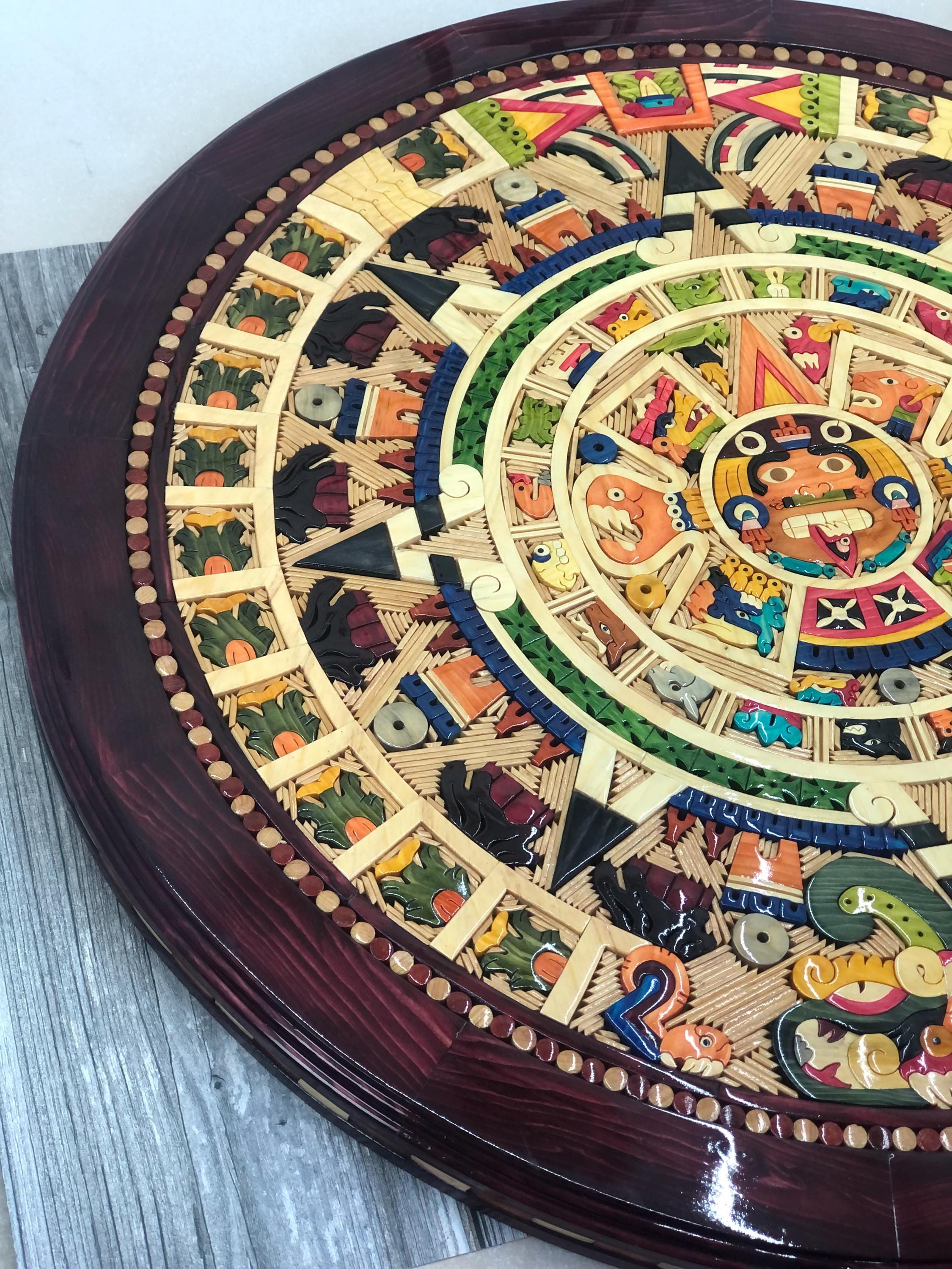 30 Inch Aztec Calendar Wall Art – Hand Carved Wooden Mayan Sun Stone ...