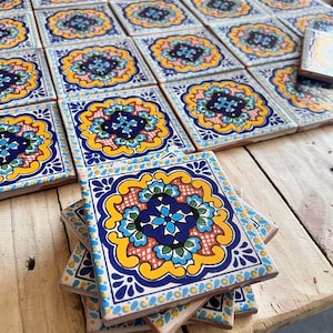100 pieces of Mexican Talavera tiles, authentic hand painted tiles, 4x4 Talavera, yellow rosary design with multi-color background