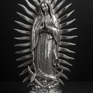 Virgin Mary Guadalupe Silver Statue | Handmade Mexican Pewter Art | Catholic Religious Home Decor Gift – 88 centimeters tall (35”), perfect